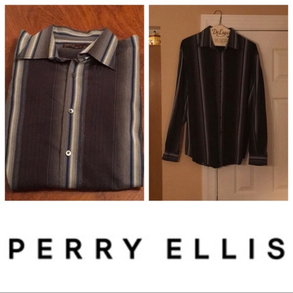 Perry Ellis Men's Striped Dress Shirt - Black and Blue